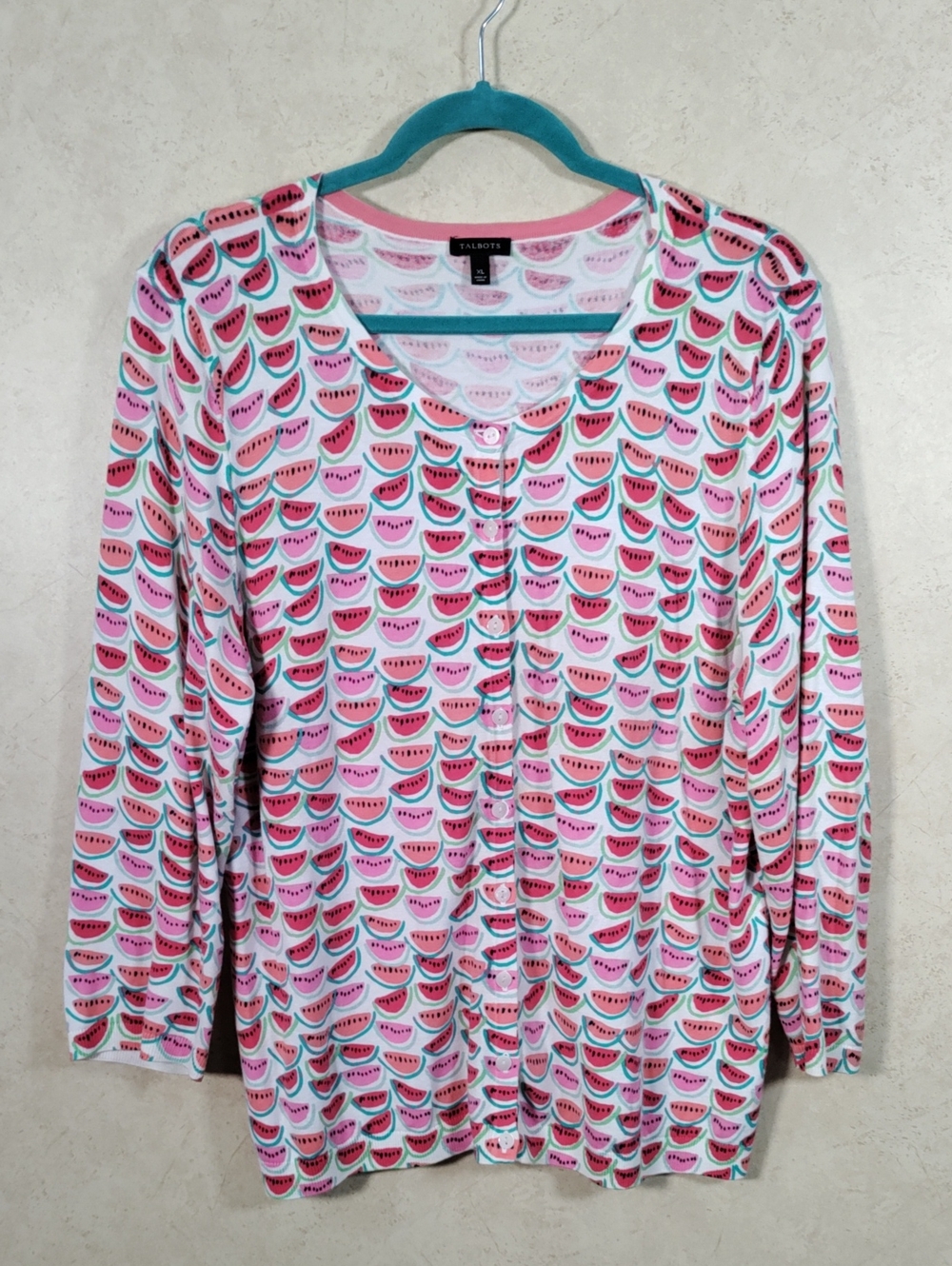 G122 Talbots pink, peach & aqua watermelon print cardigan XL